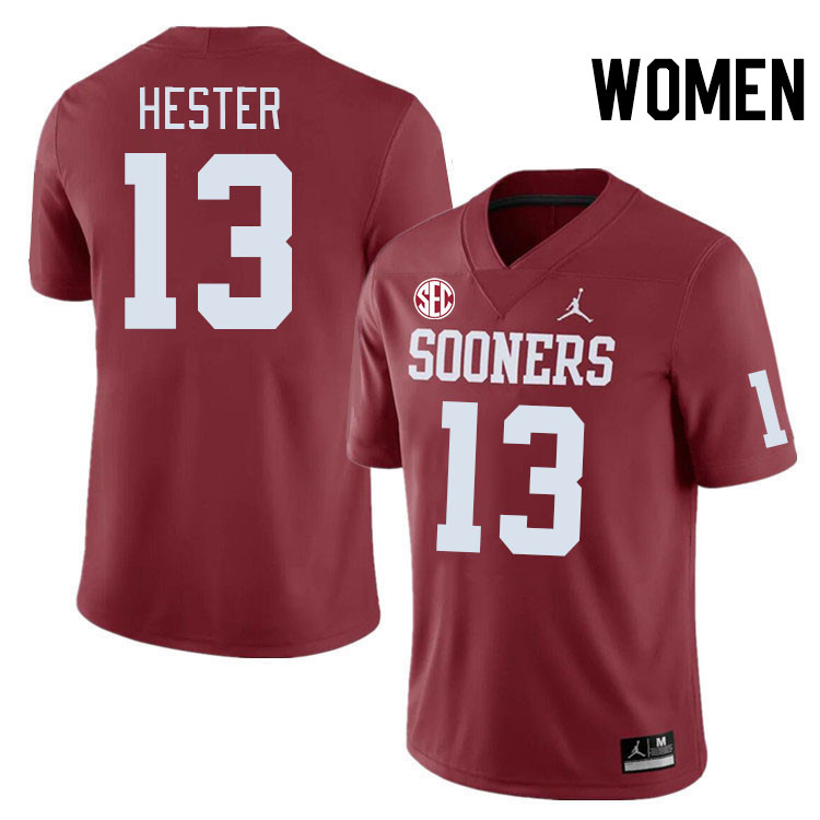 Women #13 J.J. Hester Oklahoma Sooners 2024 SEC Conference College Football Jerseys-Crimson